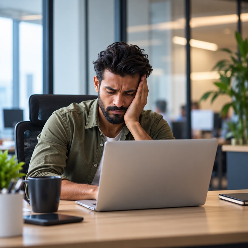 Stressed professional with head in hand at a laptop
