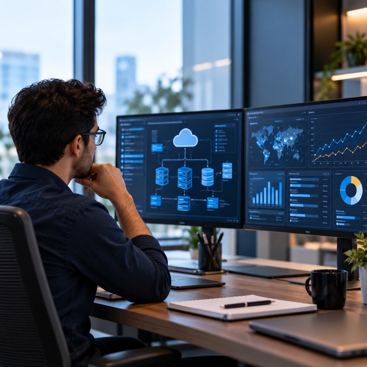 Engineer reviewing cloud and analytics dashboards across two monitors