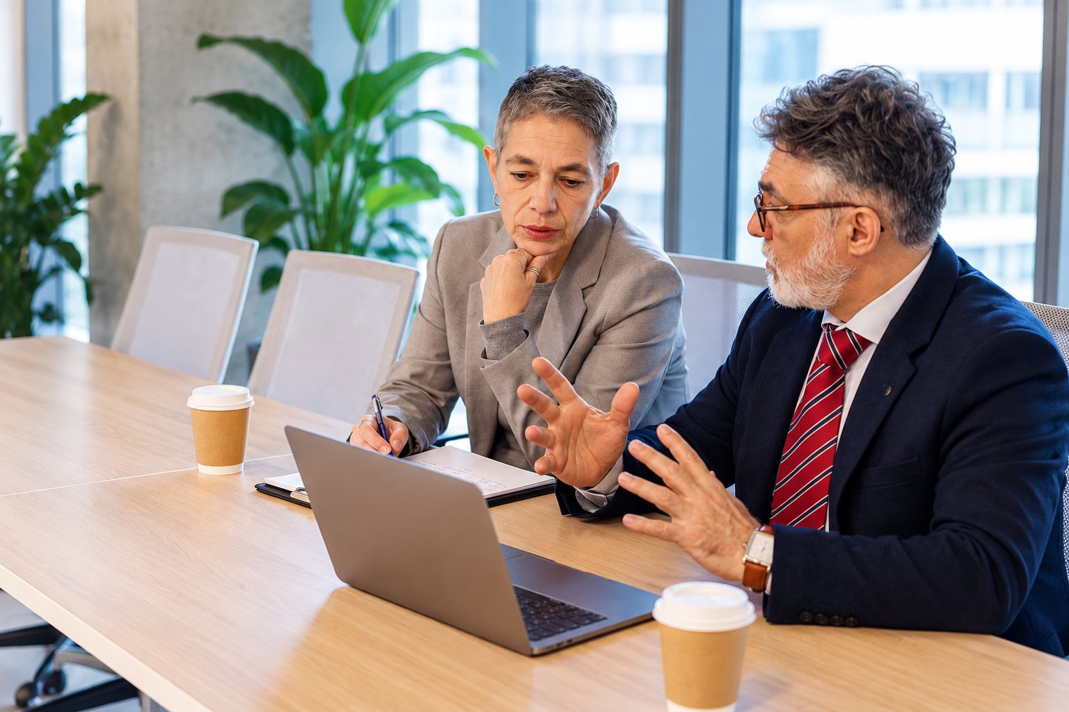Two colleagues reviewing work on a laptop