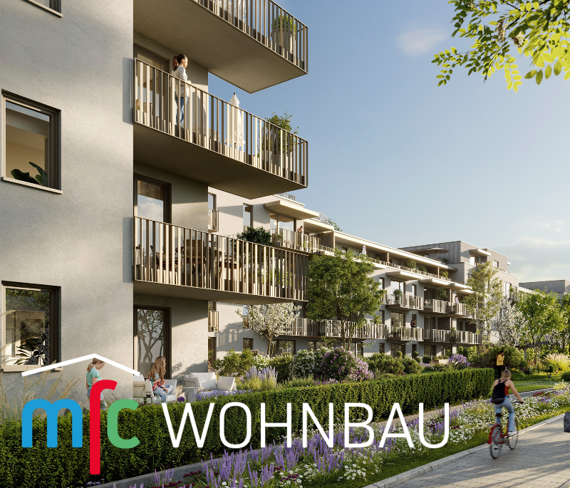 Ein modernes mehrstöckiges Gebäude mit großen Fenstern und Balkonen, im Vordergrund das Logo der Oakwood Real Estate GmbH.