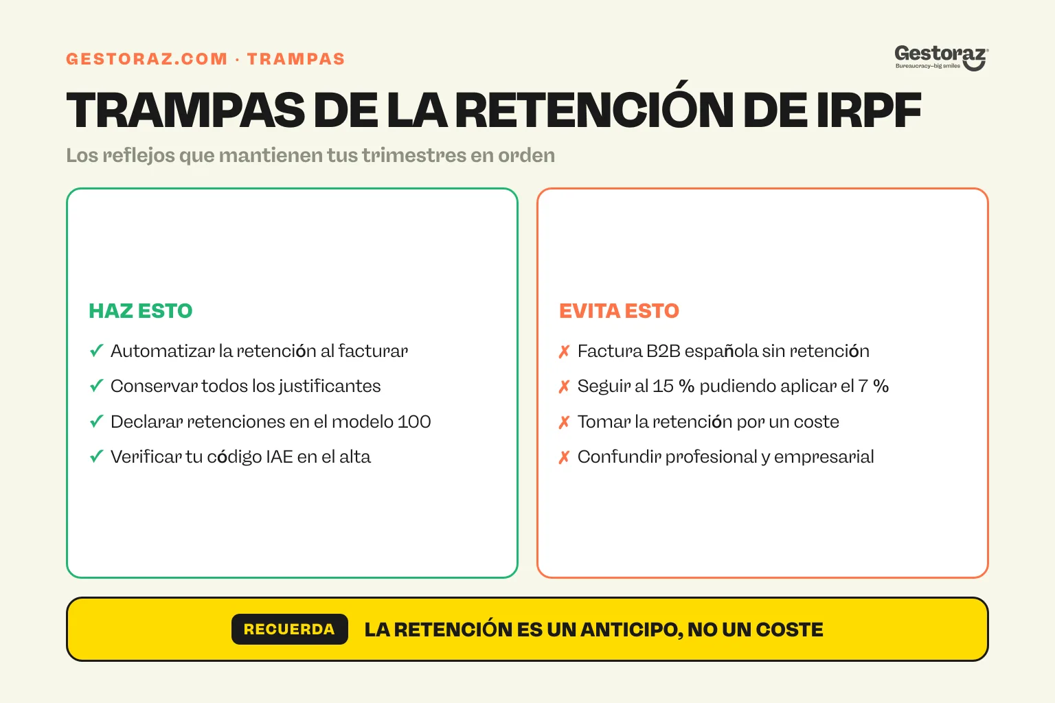 Infografía: buenas prácticas y errores a evitar con las retenciones de IRPF en las facturas de autónomo en España.