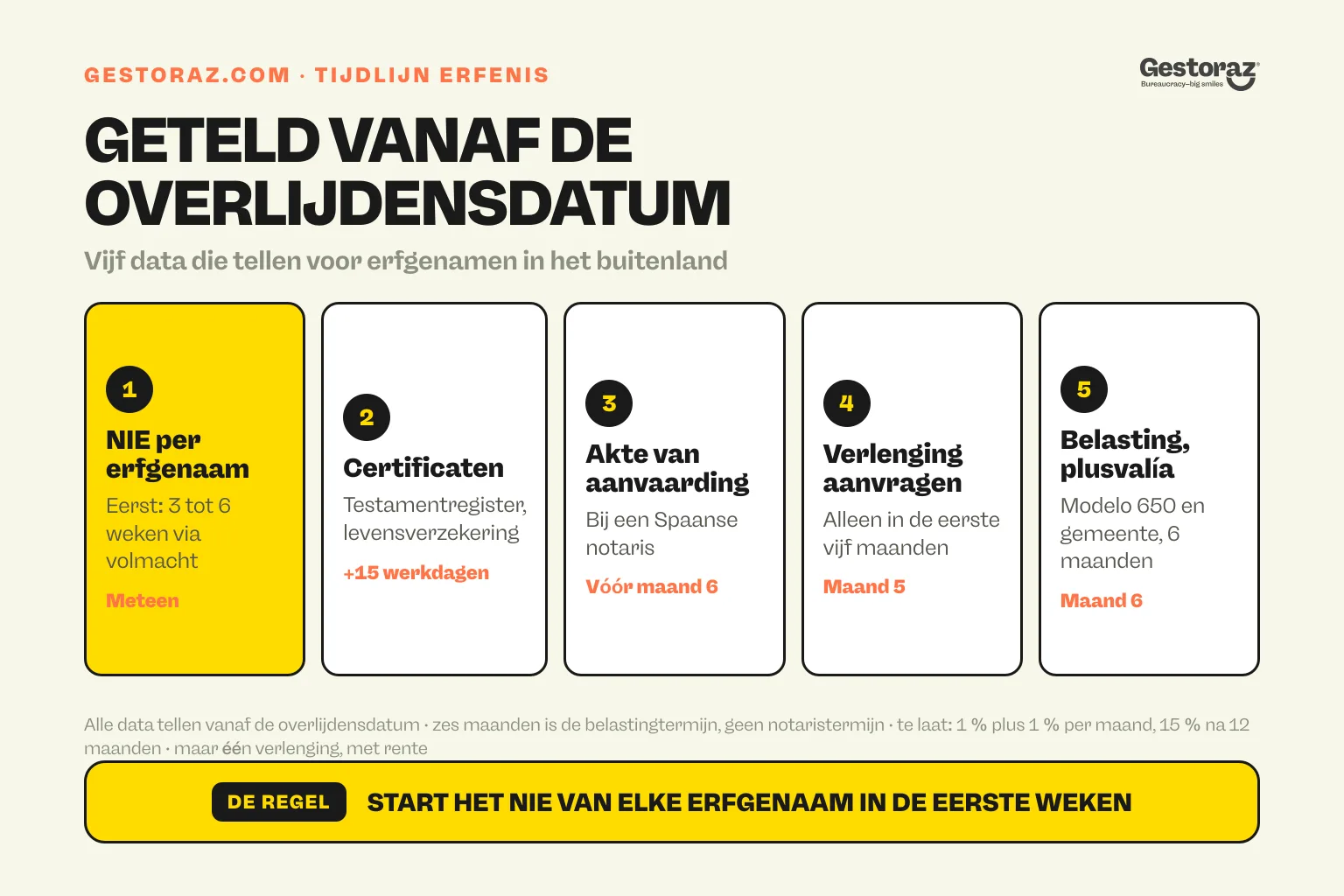 Infographic: de vijf data van een Spaanse erfenis voor erfgenamen in het buitenland, geteld vanaf de overlijdensdatum, van een NIE per erfgenaam en de certificaten tot de verlenging in maand vijf en de erfbelasting en plusvalía in maand zes.