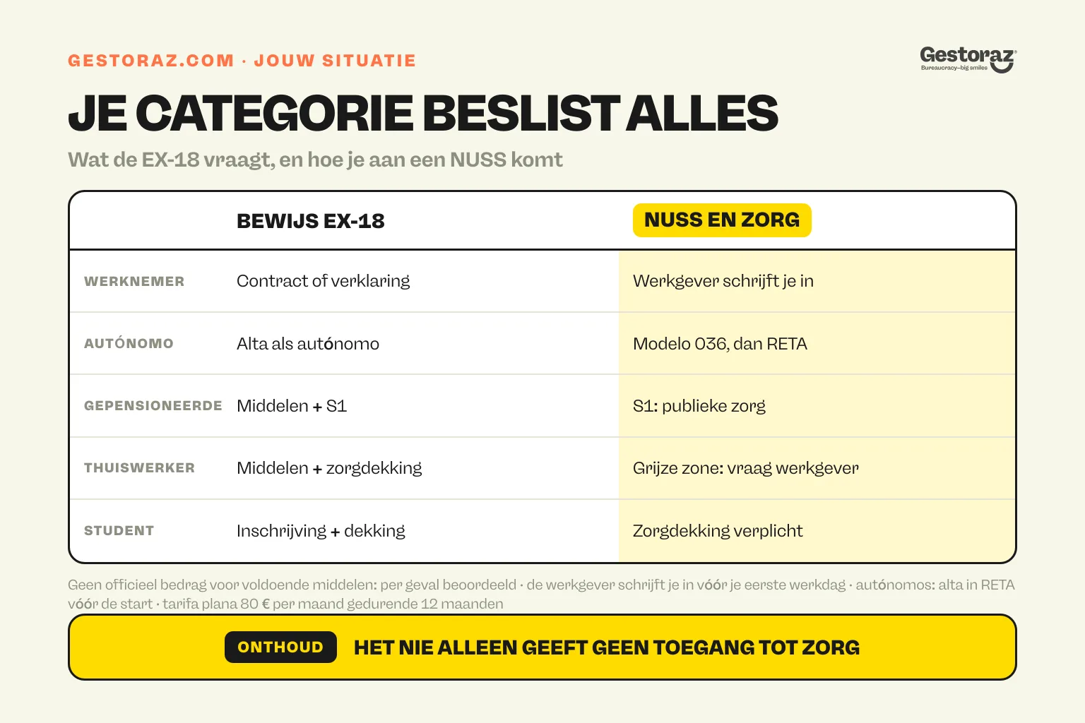 Infographic: voor vijf profielen die naar Spanje verhuizen, werknemer, autónomo, gepensioneerde, thuiswerker en student, het bewijs dat de EX-18 vraagt en hoe elk aan een NUSS en zorg komt.