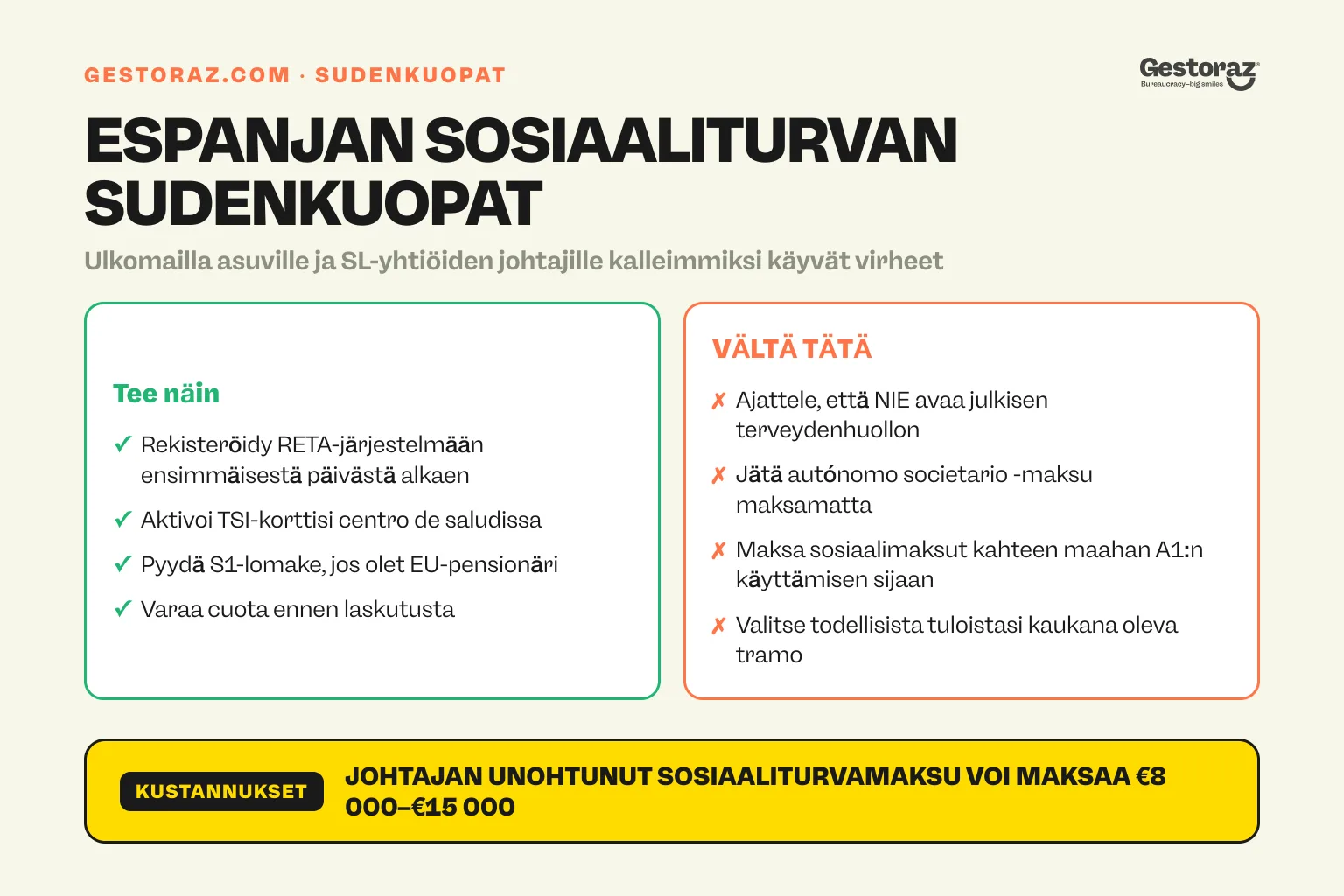 Infografiikka: mitä tehdä ja välttää Espanjan sosiaaliturvassa autónomo-yrittäjänä, SL-yhtiön johtajana tai toisesta EU-maasta muuttaneena.