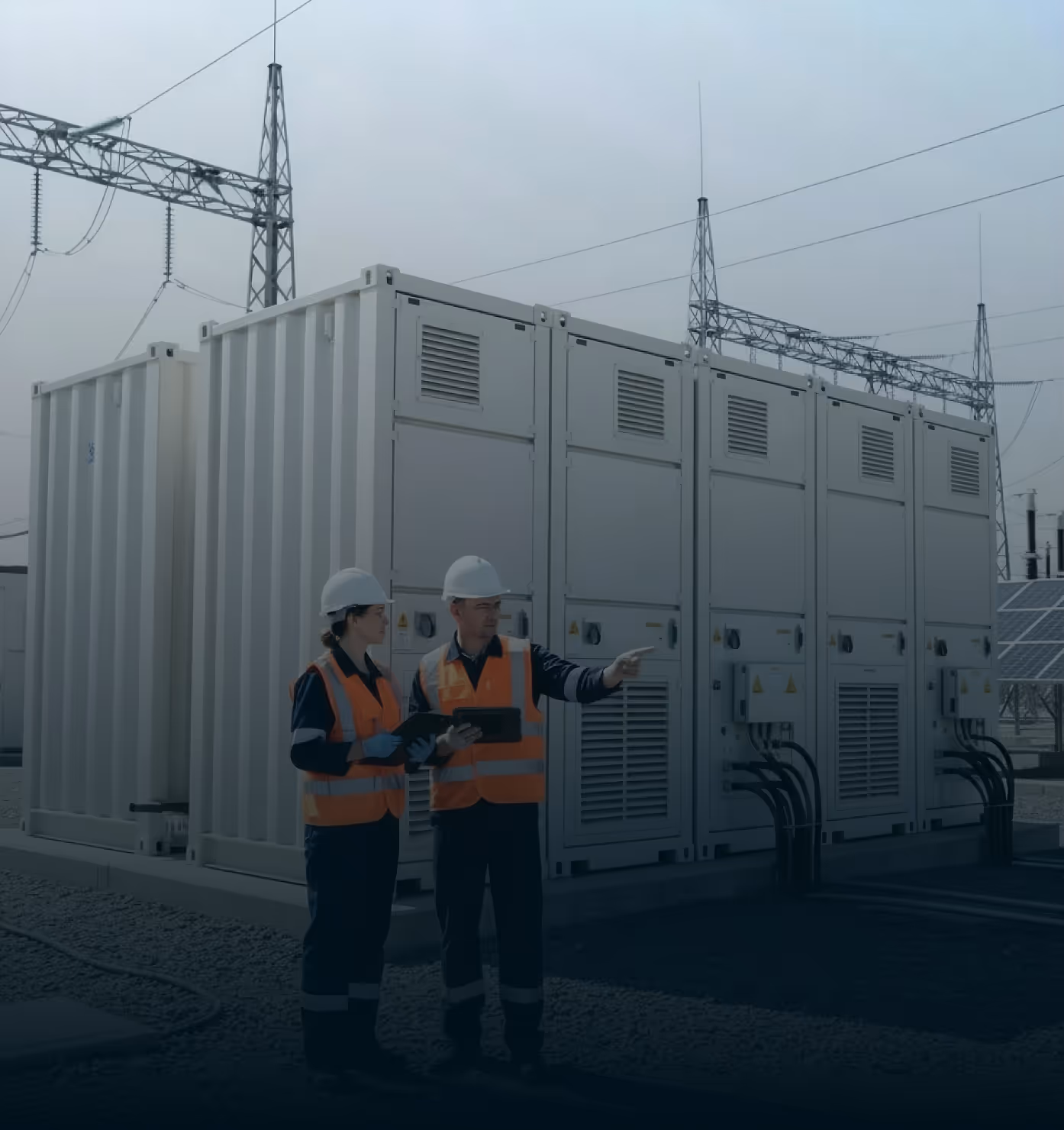 Zwei Ingenieure mit Schutzhelmen und orangefarbener Sicherheitsweste überprüfen elektrische Stationen im Freien.