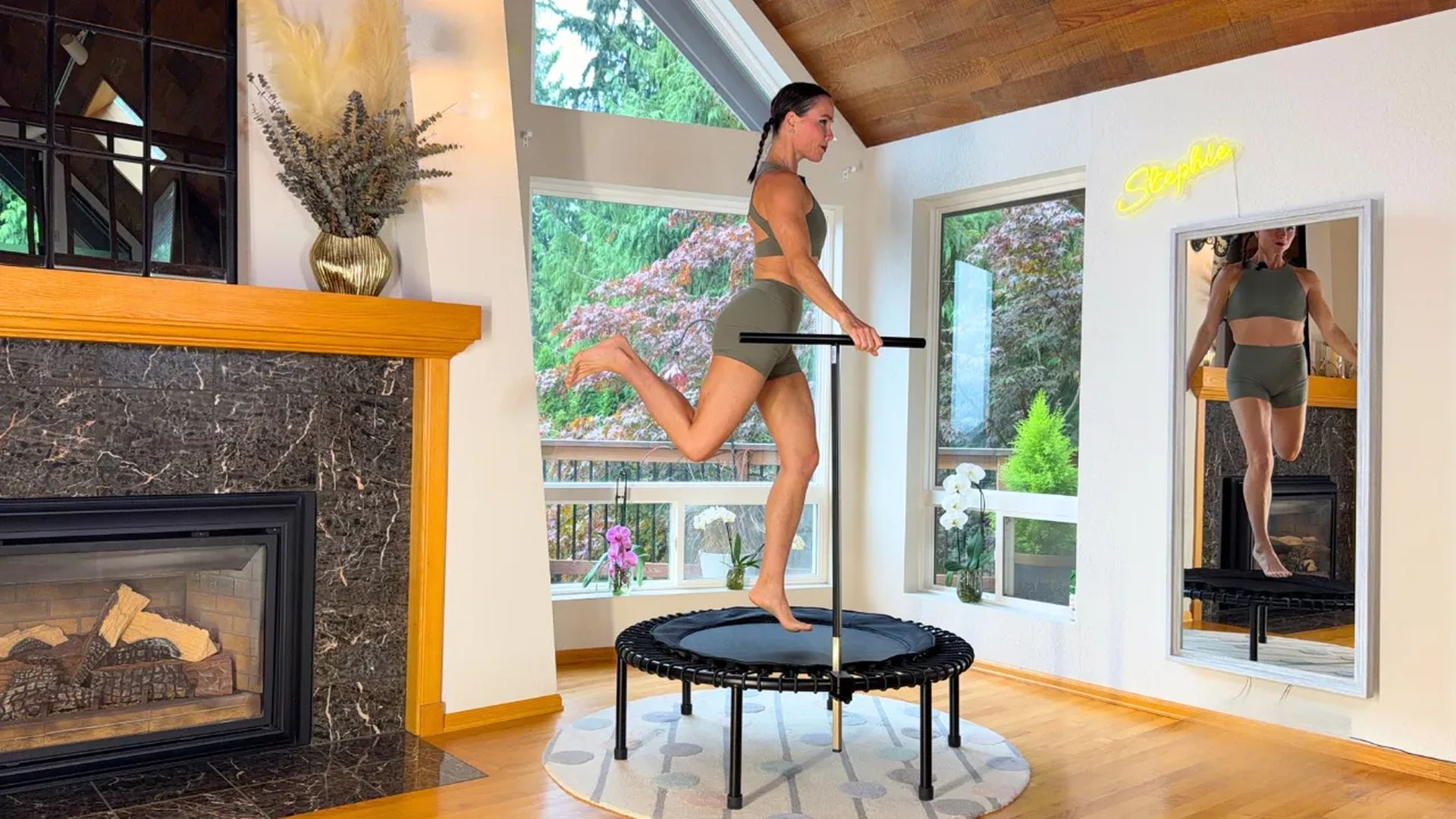 Trophy Stephie mid-jump on her bellicon rebounder at home