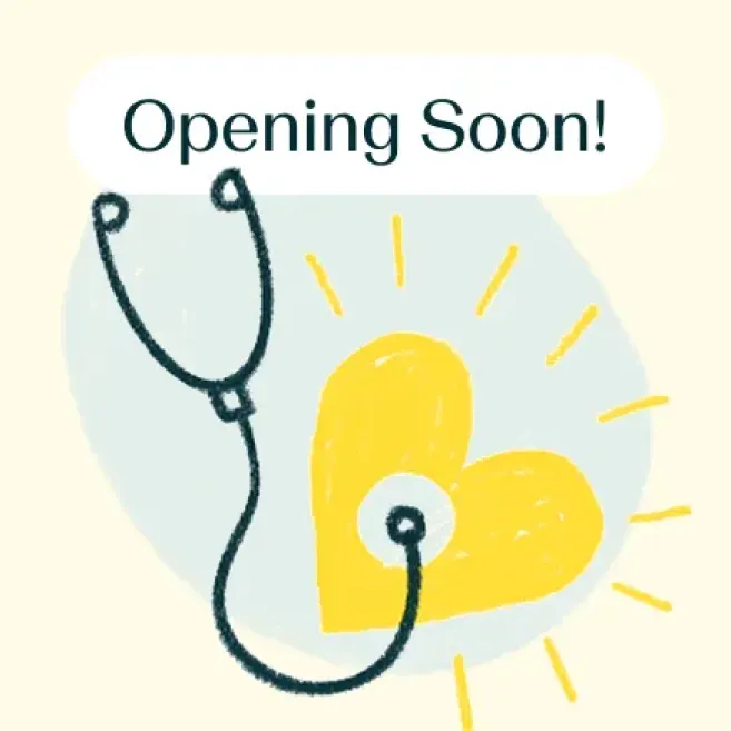 Illustration of a stethoscope touching a yellow heart with rays, above text reading 'Opening Soon!'
