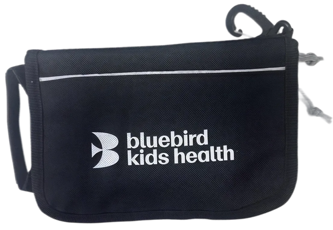 Black first aid kit bag with bluebird kids health logo printed in white.