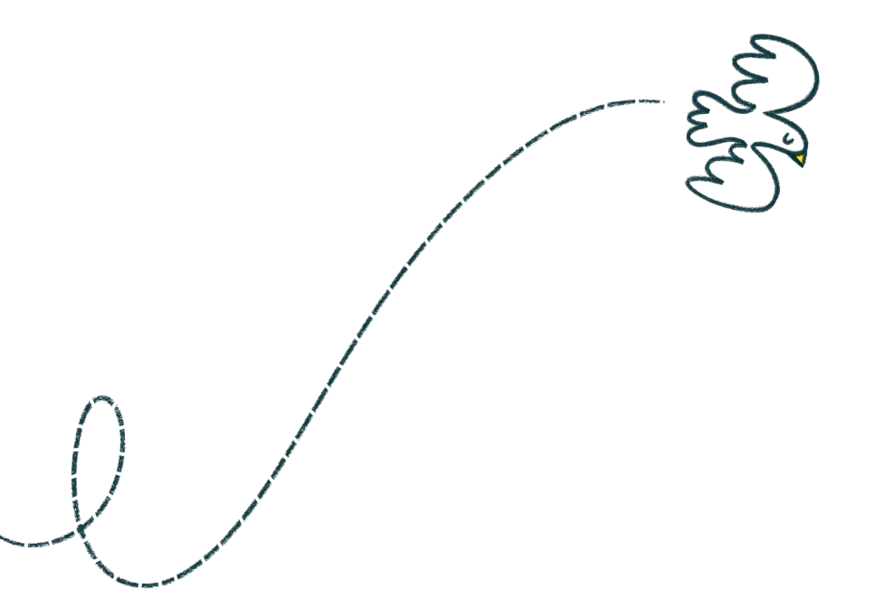 Line drawing of a butterfly at the end of a looping flight path on a white background.