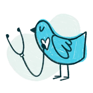 Blue bird holding a stethoscope in its beak with a heart symbol on its chest, symbolizing health or care.