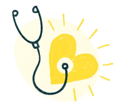 Illustration of a stethoscope with its chest piece placed on a glowing yellow heart.