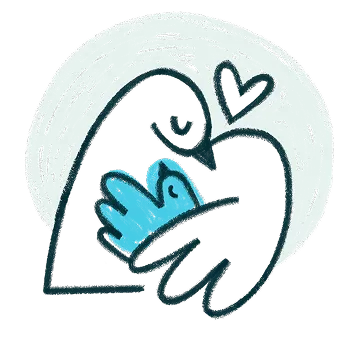 Abstract drawing of a large hand holding a smaller hand with two heart shapes above them.