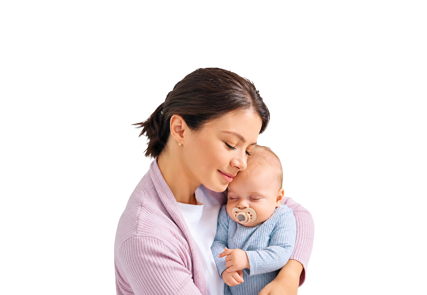 Mother gently holding and embracing her peacefully sleeping baby with a pacifier.