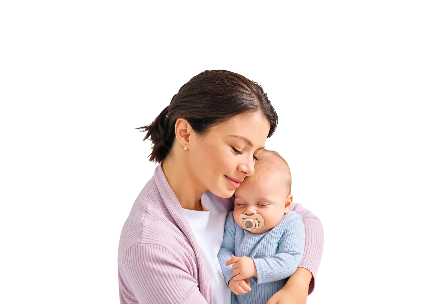 Mother gently holding and embracing her peacefully sleeping baby with a pacifier.