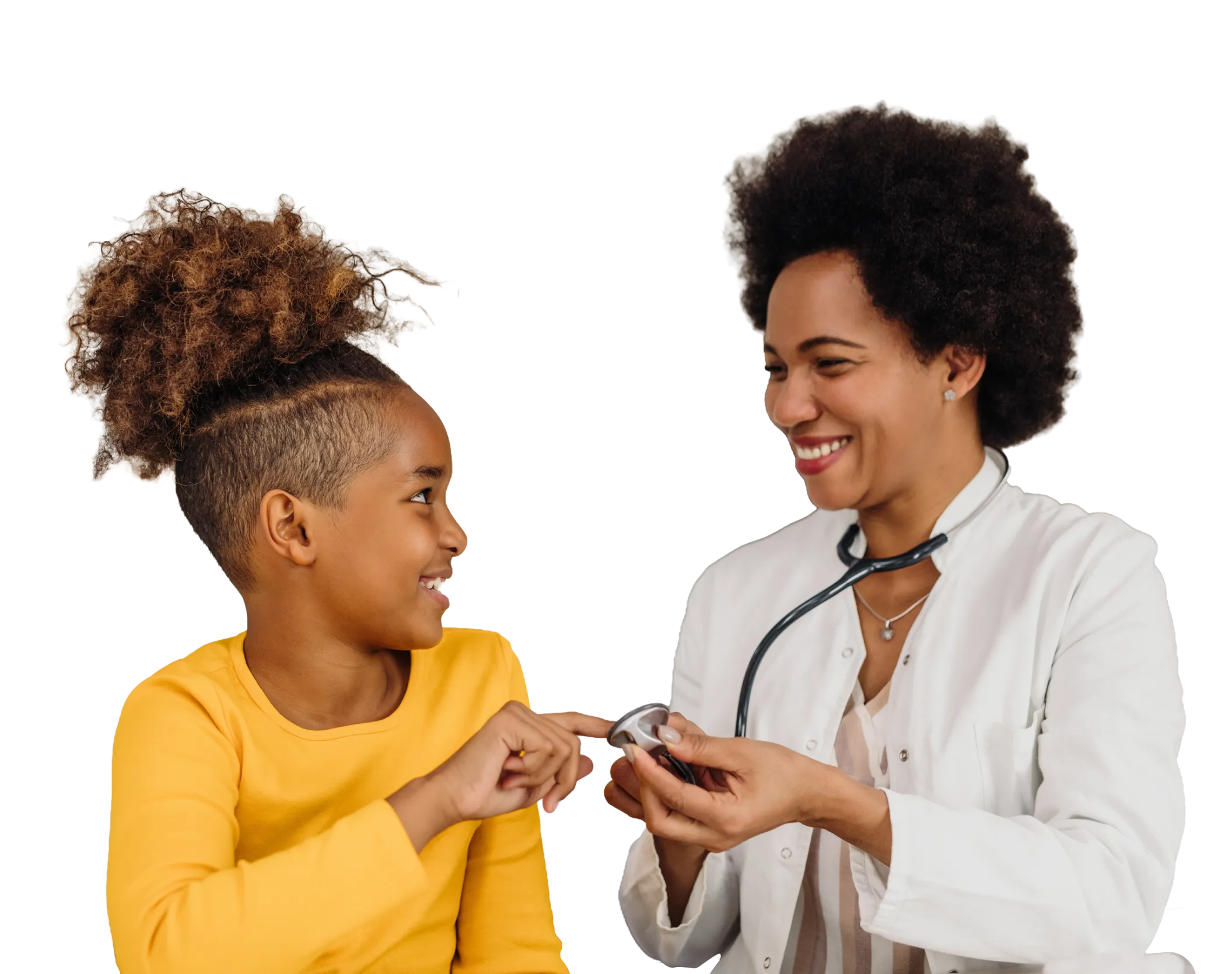 Smiling child in yellow and female doctor holding stethoscope chest piece, interacting happily.