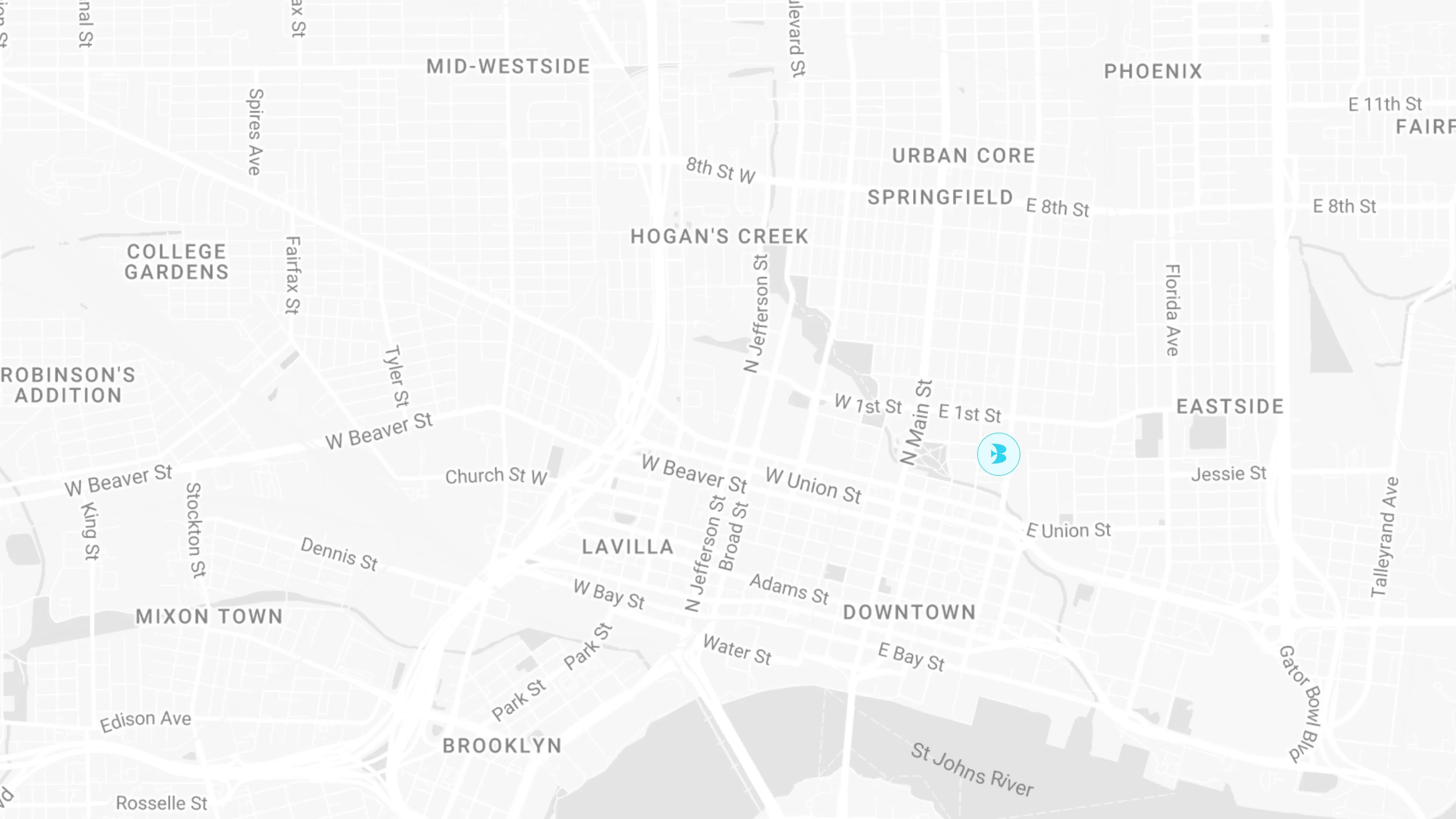 Map showing neighborhoods including Downtown, Lavilla, Mid-Westside, and Eastside with major streets labeled.