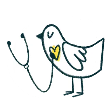 Simple bird illustration holding a stethoscope with a heart shape on its chest.