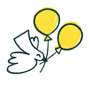 Simple drawing of a bird holding two yellow balloons by their strings in its beak.