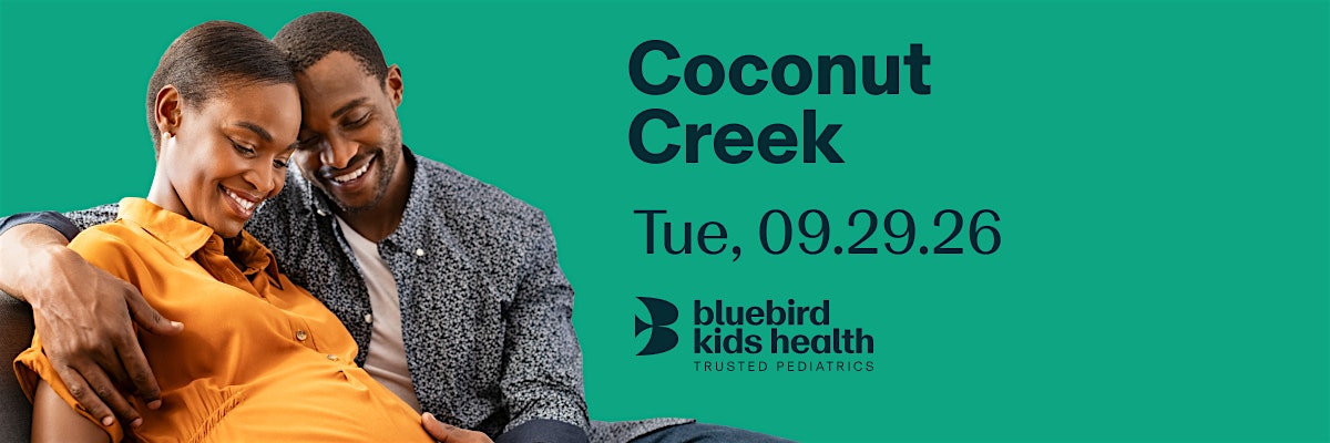 Expectant couple embracing and smiling on a Bluebird Kids Health event banner for the Coconut Creek practice