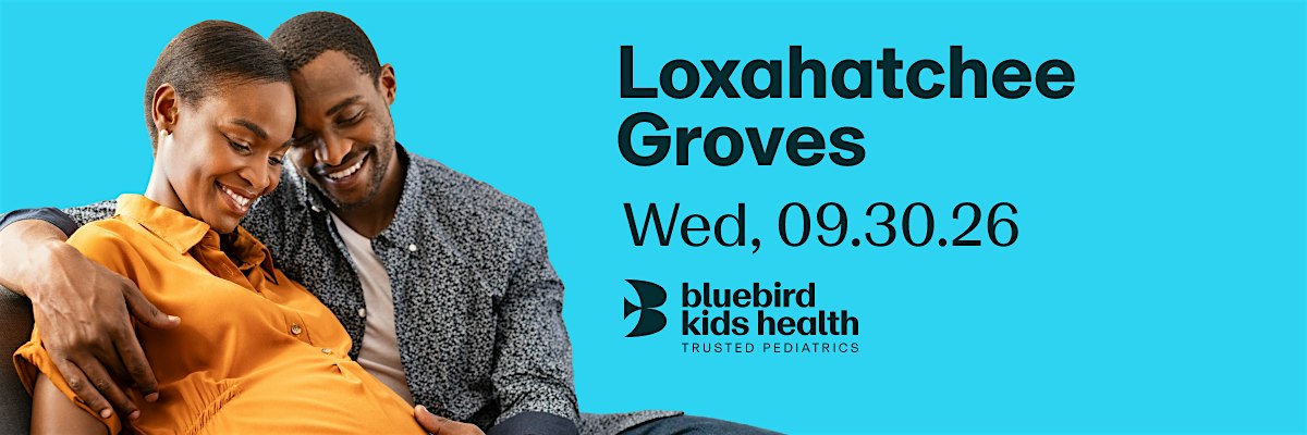 Expectant couple embracing and smiling on a Bluebird Kids Health event banner for the Loxahatchee practice