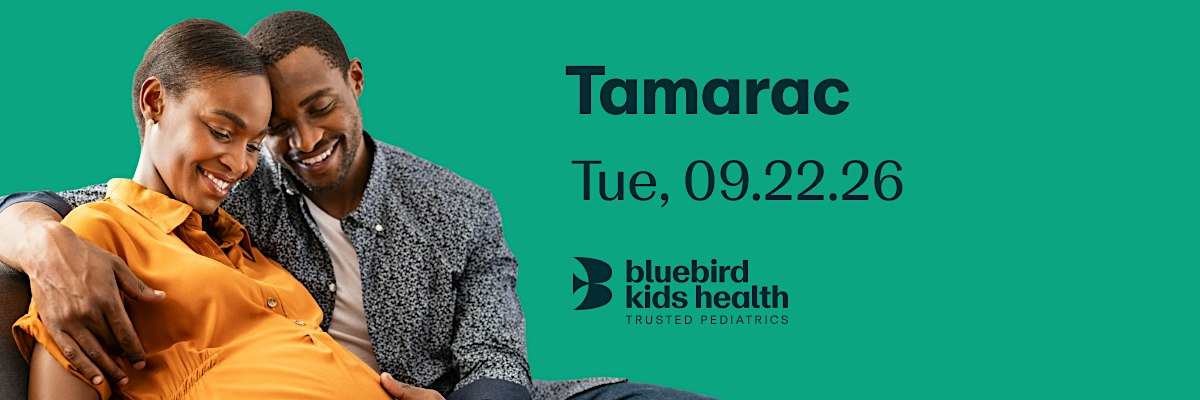 Expectant couple embracing and smiling on a Bluebird Kids Health event banner for the Tamarac practice