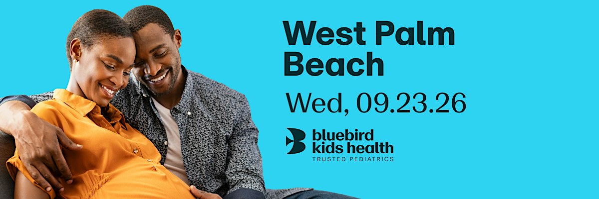 Expectant couple embracing and smiling on a Bluebird Kids Health event banner for the West Palm Beach practice
