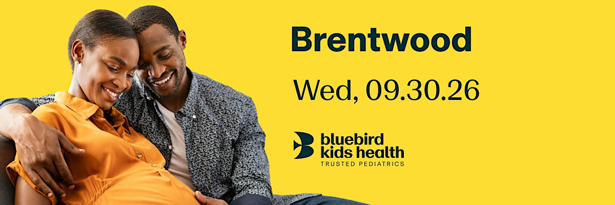 Expectant couple embracing and smiling on a Bluebird Kids Health event banner for the Brentwood practice