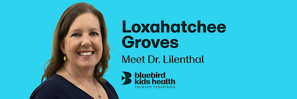 Expectant couple embracing and smiling on a Bluebird Kids Health event banner for the Loxahatchee practice