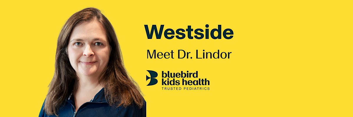 Expectant couple embracing and smiling on a Bluebird Kids Health event banner for the Westside practice