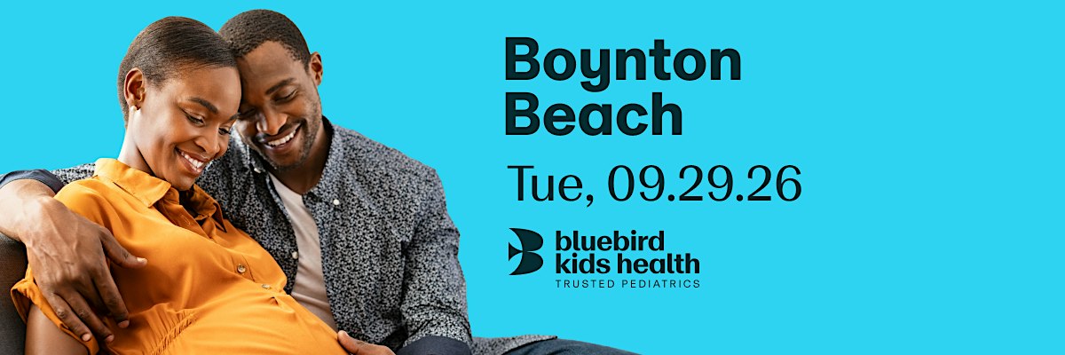 Expectant couple embracing and smiling on a Bluebird Kids Health event banner for the Boynton Beach practice