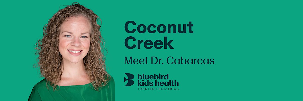 Expectant couple embracing and smiling on a Bluebird Kids Health event banner for the Coconut Creek practice