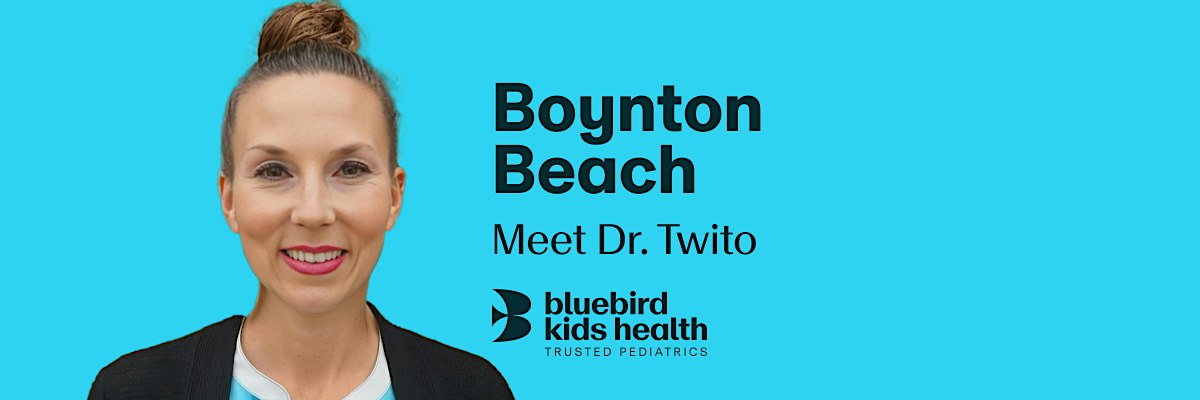 Expectant couple embracing and smiling on a Bluebird Kids Health event banner for the Boynton Beach practice