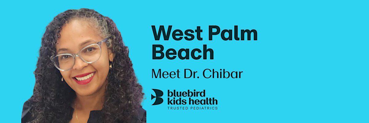 Expectant couple embracing and smiling on a Bluebird Kids Health event banner for the West Palm Beach practice