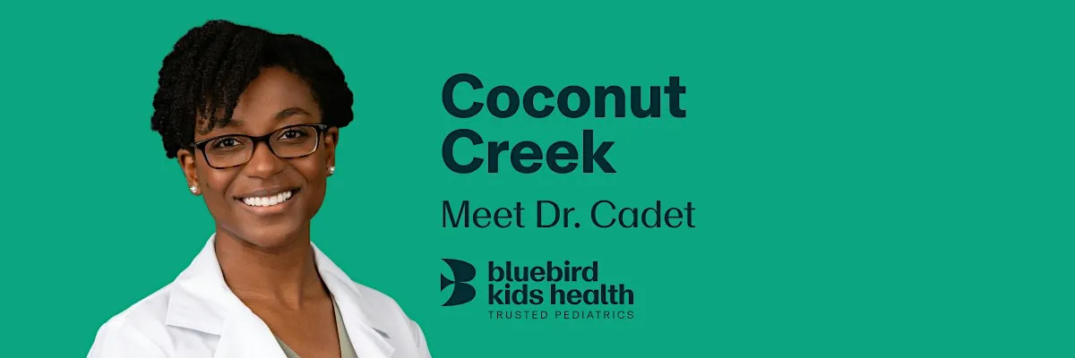 Expectant couple embracing and smiling on a Bluebird Kids Health event banner for the Coconut Creek practice