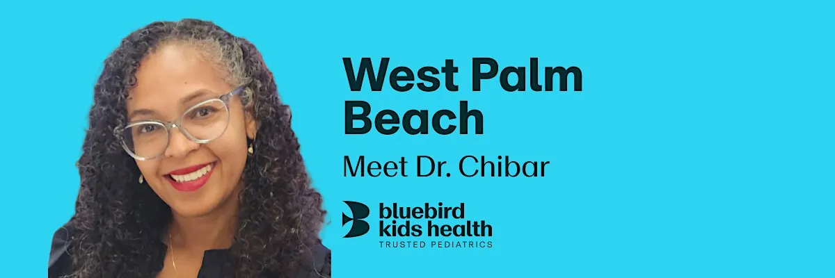 Expectant couple embracing and smiling on a Bluebird Kids Health event banner for the West Palm Beach practice