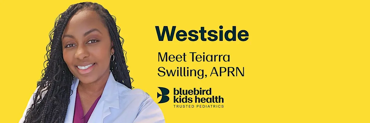 Expectant couple embracing and smiling on a Bluebird Kids Health event banner for the Westside practice