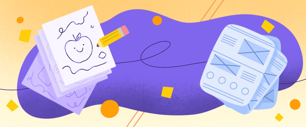 digital illustration of a pencil drawing on papers and wireframes next to it on a purple and orange background