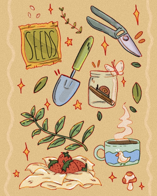 digital illustration of gardening tools and bugs