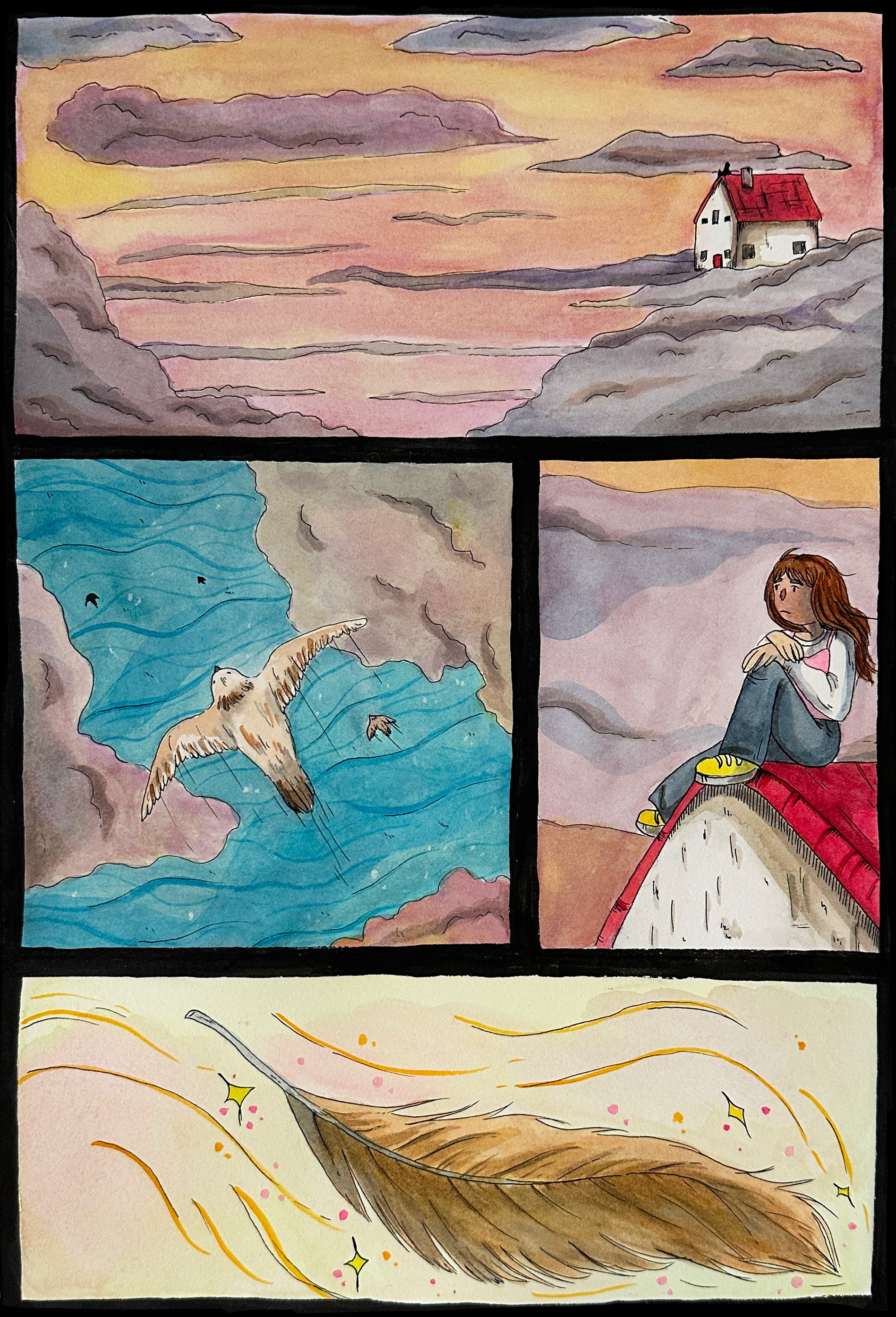A comic page about a girl who lives in the clouds. Watercolor and ink