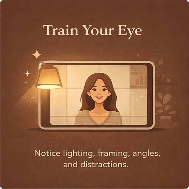Train your eyes to notice details such as lighting, framing, and background distractions