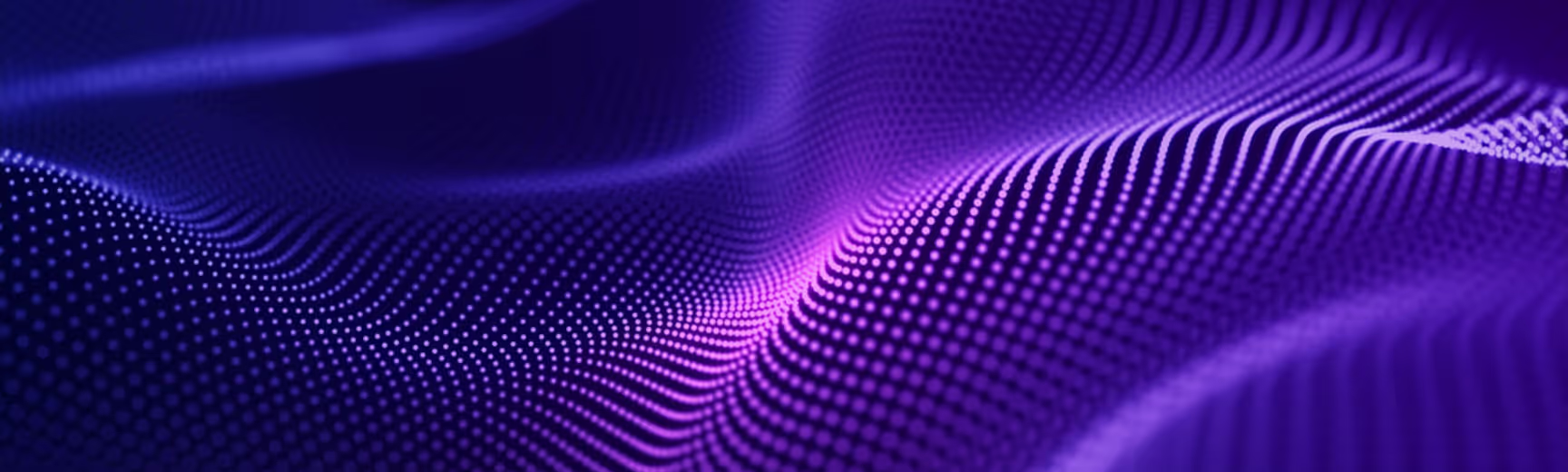 Abstract 3D wave of glowing violet and blue dots forming smooth curved patterns.