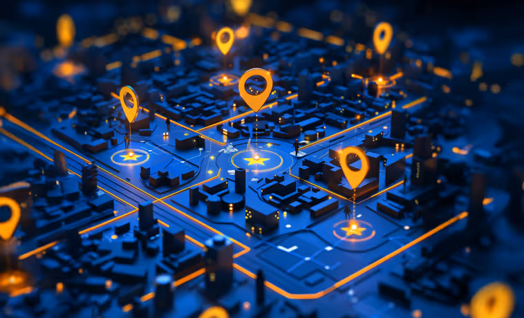 Smart City with Location Pins and Data Flow
