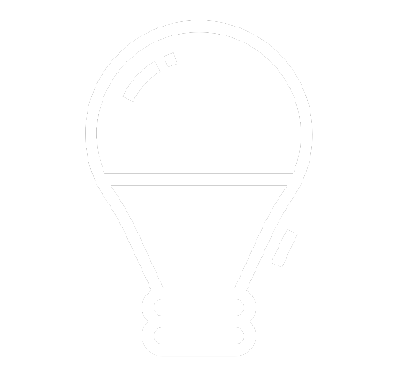 White line drawing of a light bulb on a black background.