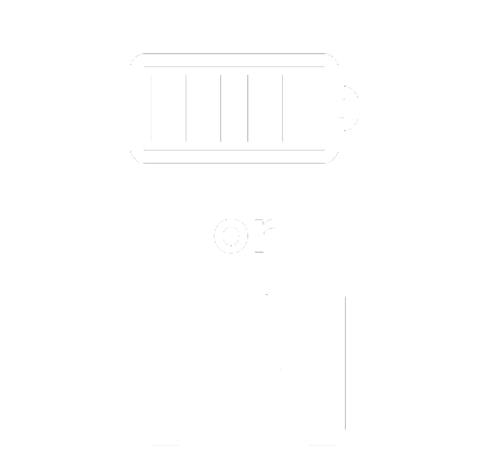 Icon of a partially charged battery above the word 'or' and a generator icon below it on a black background.