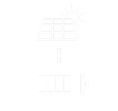 Icon showing a solar panel with the sun above it and a plus sign above a battery symbol, representing solar energy storage.