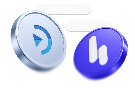 Dos monedas virtuales giratorias, una gris con triángulo azul y otra azul con logo blanco Hapi.