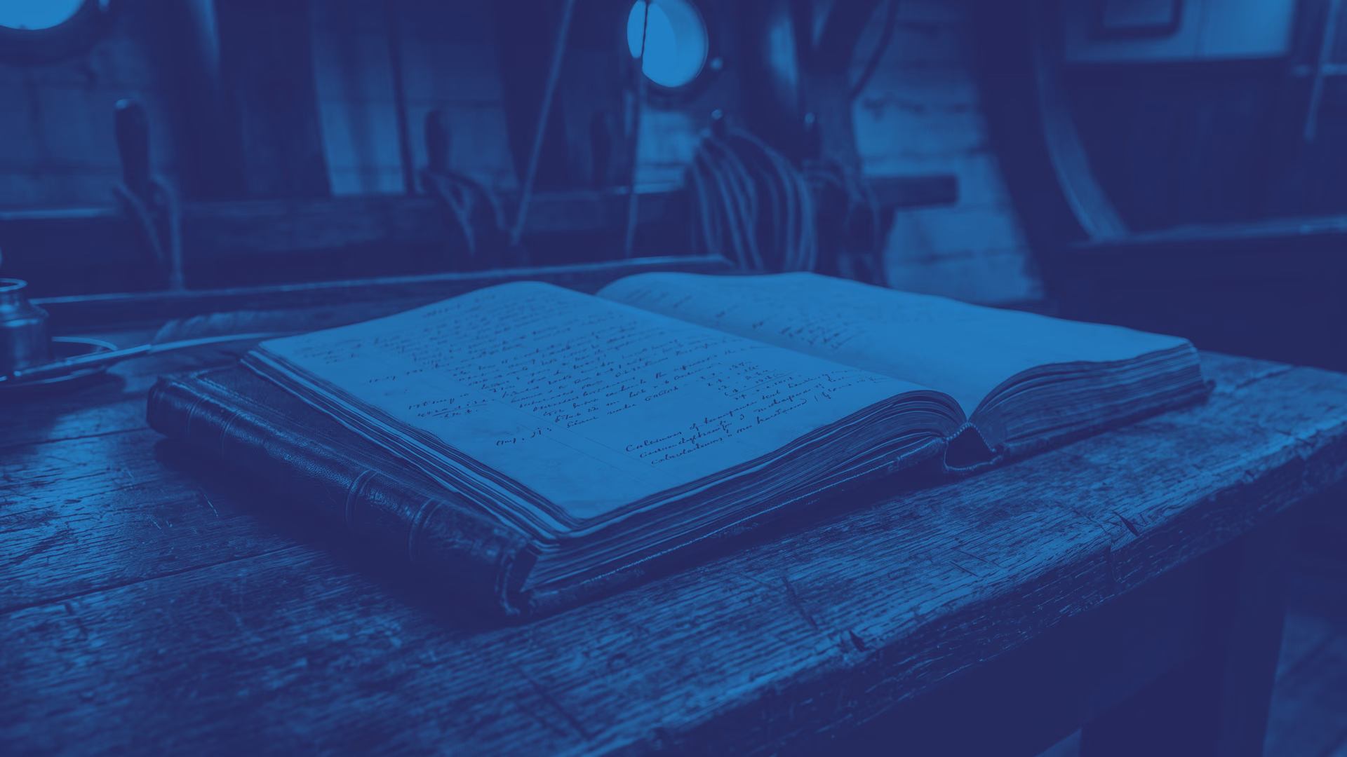 A ship's handwritten logbook lying open on a weathered wooden table in a vessel's cabin
