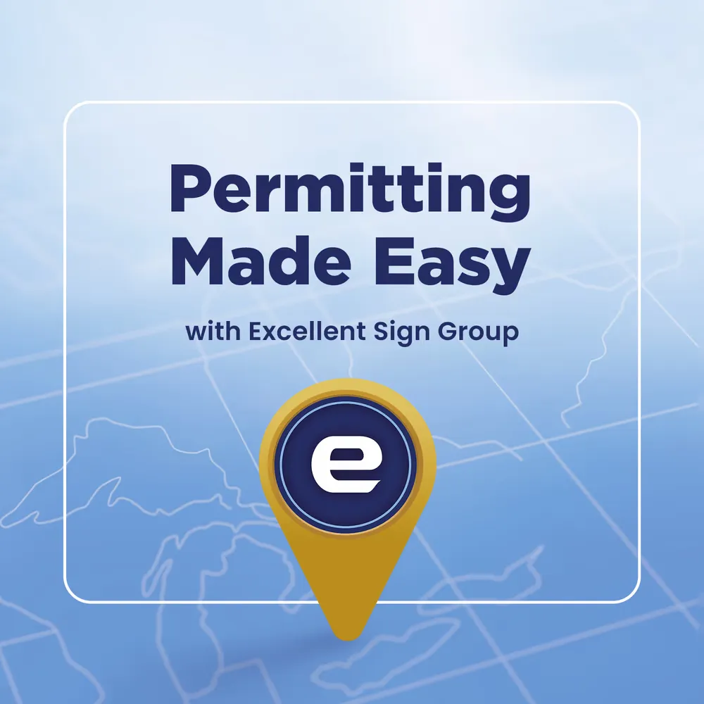 Google Business Profile post: Permitting Made Easy with Excellent Sign Group, a single gold map pin over a blue outline map of Ontario.