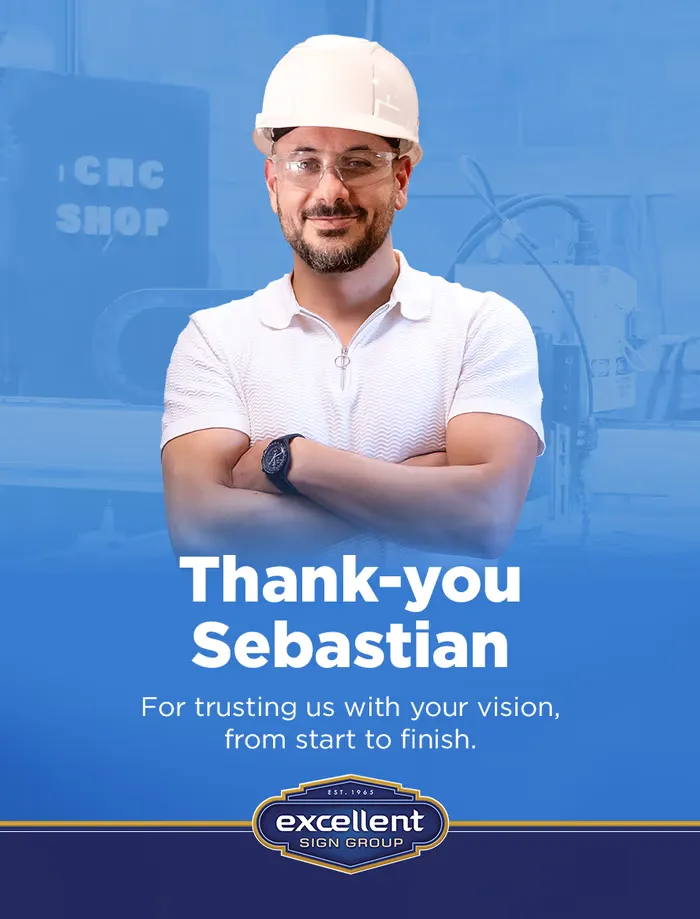 A review invitation sent by text message, headed Thank-you Sebastian, above the Excellent Sign Group wordmark.
