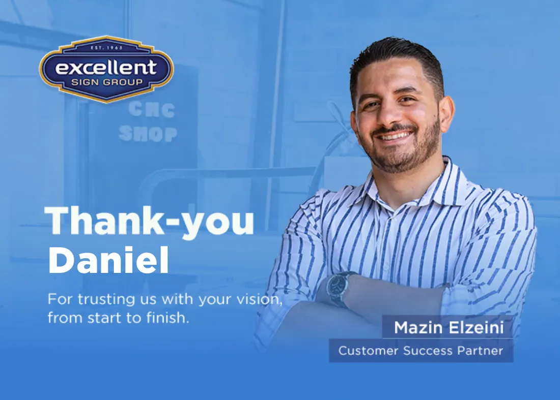 The banner of a review invitation email, headed Thank-you Daniel, beside a photograph of Mazin Elzeini, Customer Success Partner.